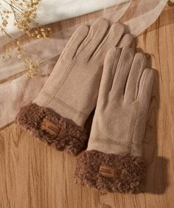Ladies Gloves Fleece Lined Beige and Grey E002 - Beige