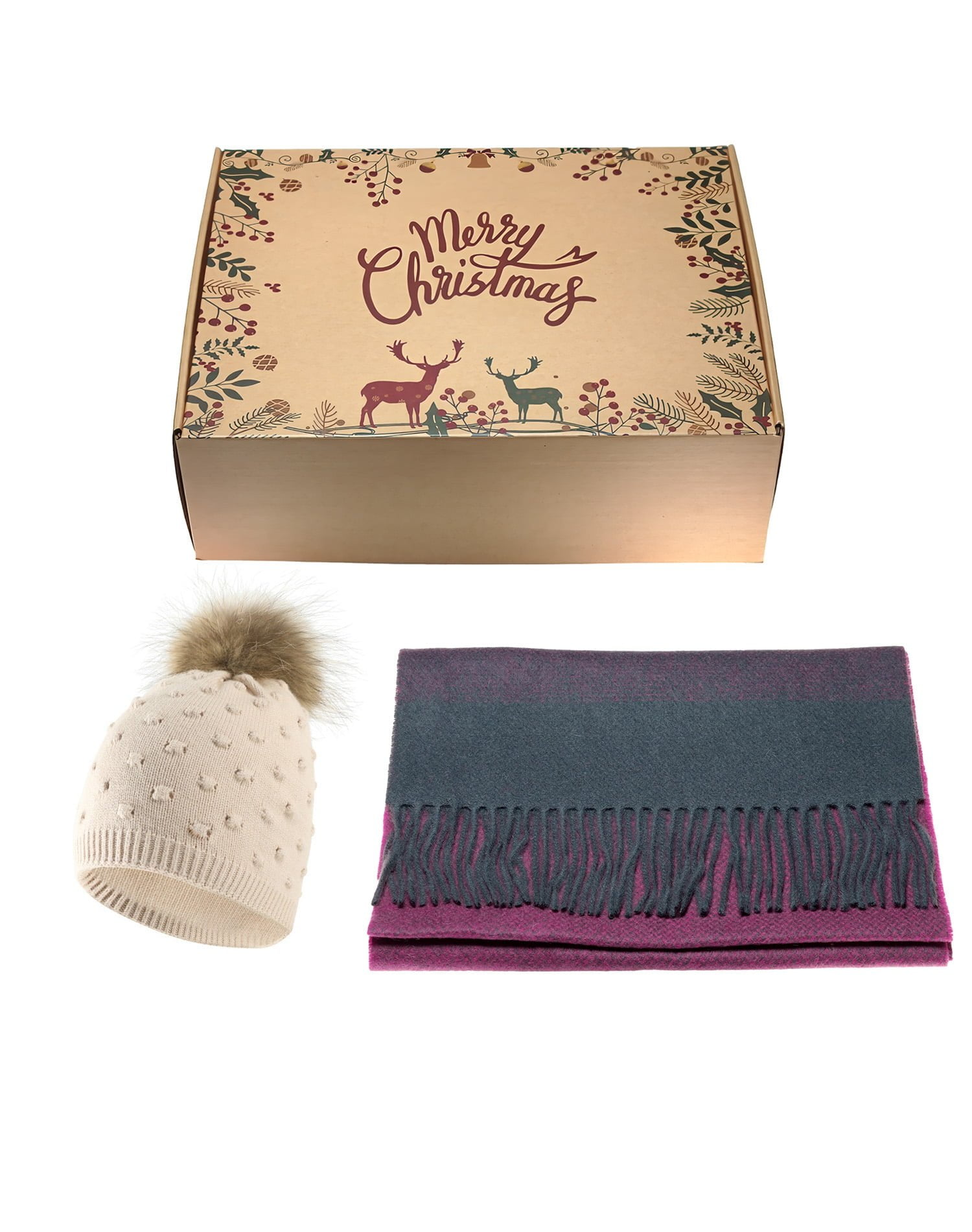 Christmas Gift Box Pink Scarf and Beige Hat 0063